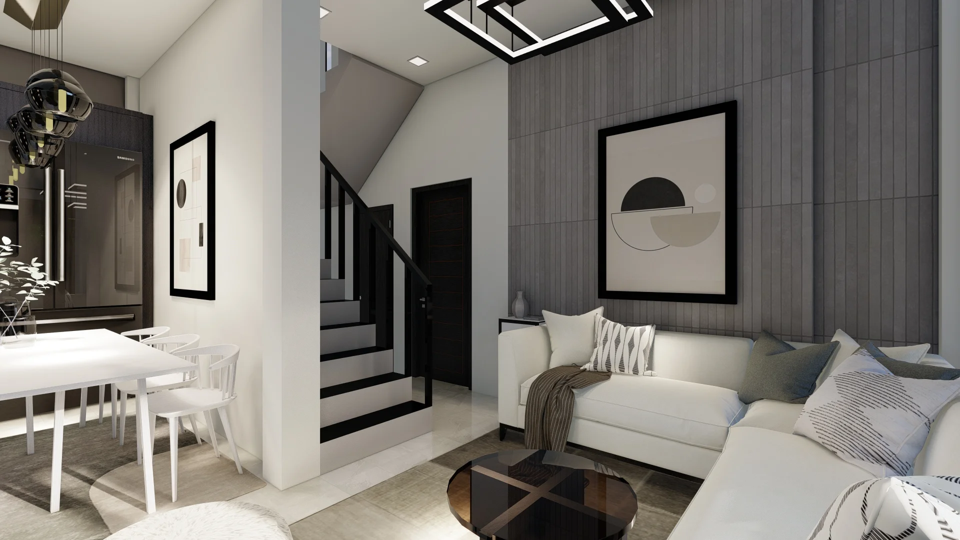 Home Interior Design, Modern Black & White Themed House, living room angle 2