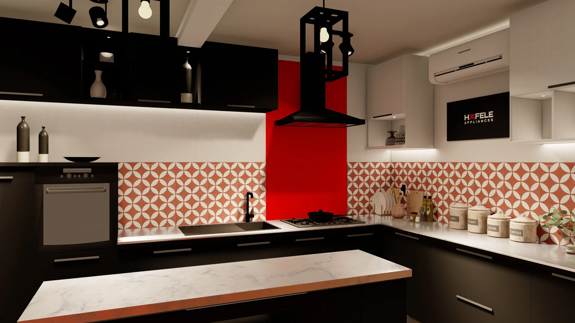 Retail Interior Design, Sri Lanka, pannipitiya, Red and white themed Kitchen showroom, dummy kitchen angle 2